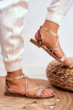 Sale Skórzane Płaskie Sandały S.Barski LJ281 Beżowo-Złote Damskie Sandały Płaskie