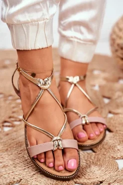 Sale Skórzane Płaskie Sandały S.Barski LJ281 Beżowo-Złote Damskie Sandały Płaskie