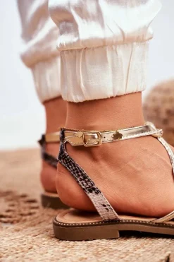 Sale Skórzane Płaskie Sandały S.Barski LJ281 Beżowo-Złote Damskie Sandały Płaskie