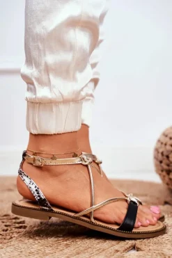 Online Damskie buty S.Barski Skórzane Płaskie Sandały S.Barski LJ281 Czarno-Złote