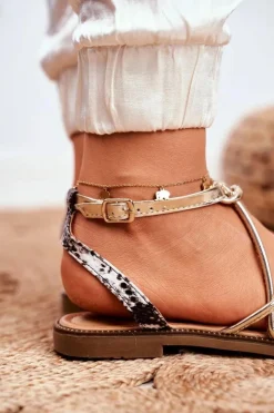 Online Damskie buty S.Barski Skórzane Płaskie Sandały S.Barski LJ281 Czarno-Złote