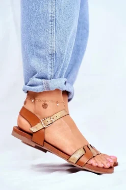 Sandały Płaskie></noscript>Damskie buty S.Barski Skórzane Płaskie Sandały S.Barski Brązowo-Złote