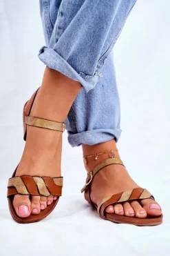 Sandały Płaskie></noscript>Damskie buty S.Barski Skórzane Płaskie Sandały S.Barski Brązowo-Złote