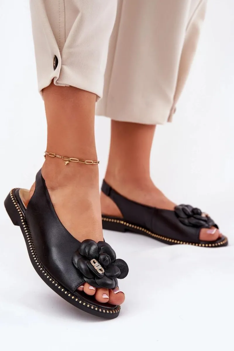 Sandały Płaskie>CheBello Skórzane Płaskie Sandały Z Ozdobą 4642 Czarne Czarny