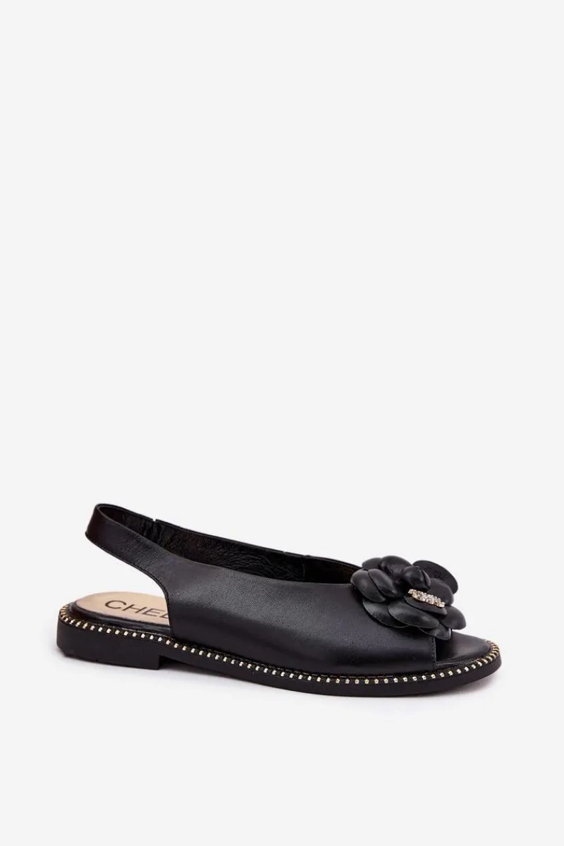 Sandały Płaskie>CheBello Skórzane Płaskie Sandały Z Ozdobą 4642 Czarne Czarny