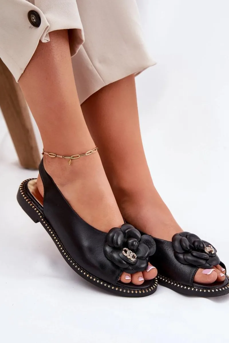 Sandały Płaskie>CheBello Skórzane Płaskie Sandały Z Ozdobą 4642 Czarne Czarny