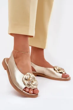Sandały Płaskie>CheBello Skórzane Płaskie Sandały Z Ozdobą 4642 Złote Złoty