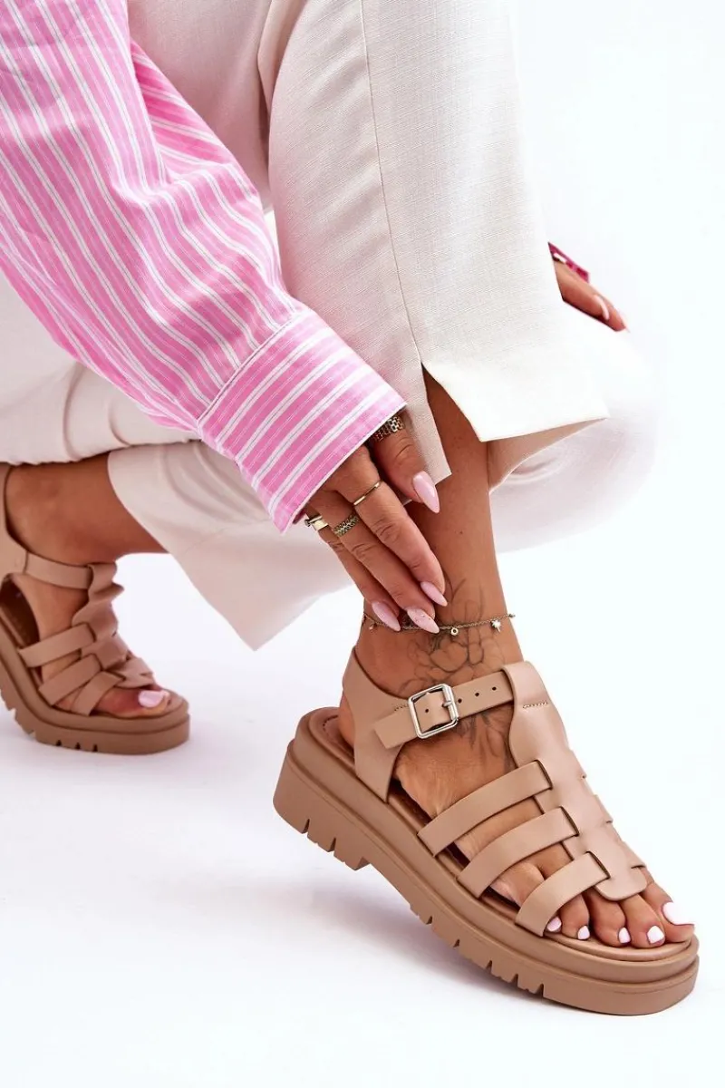 Best Boto Skórzane Płaskie Sandały Z Paseczkami Beżowe Diosa