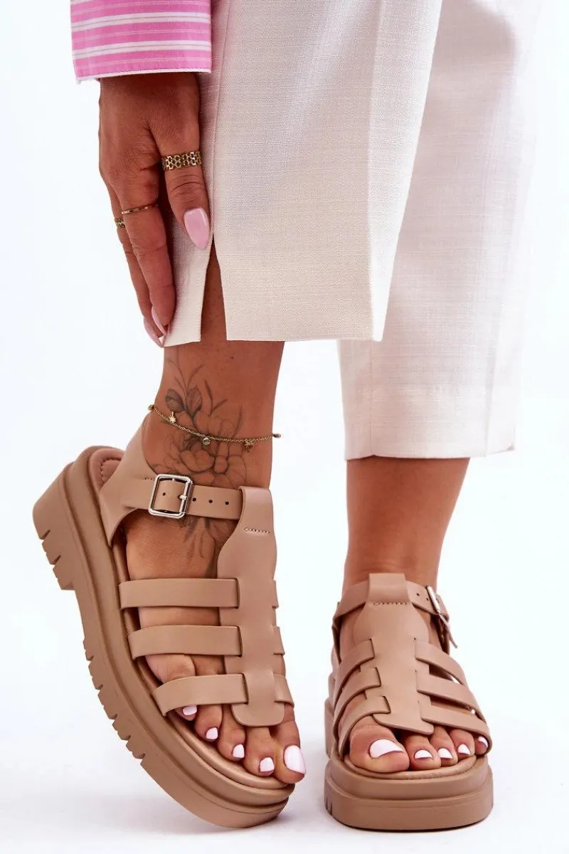 Best Boto Skórzane Płaskie Sandały Z Paseczkami Beżowe Diosa