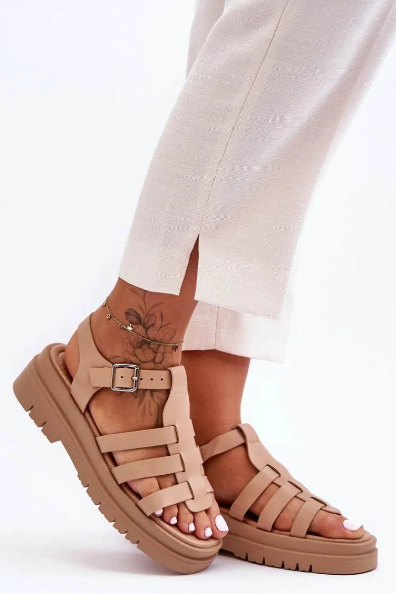 Best Boto Skórzane Płaskie Sandały Z Paseczkami Beżowe Diosa