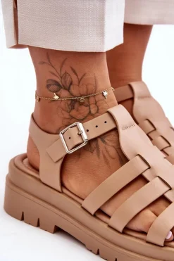 Best Boto Skórzane Płaskie Sandały Z Paseczkami Beżowe Diosa