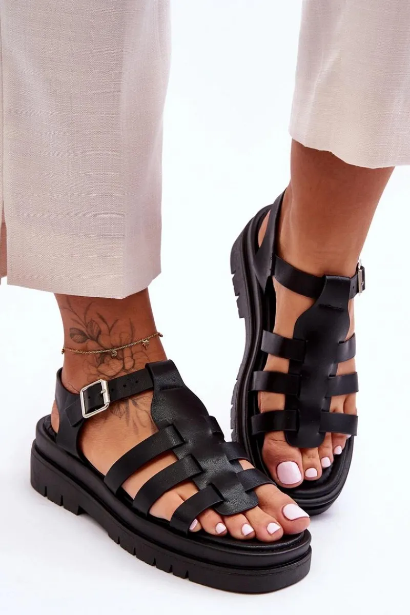 Sandały Płaskie>Boto Skórzane Płaskie Sandały Z Paseczkami Czarne Diosa