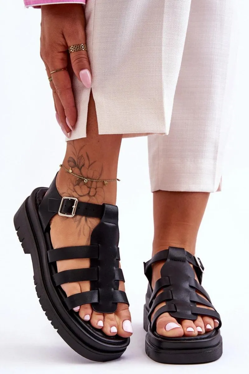 Sandały Płaskie>Boto Skórzane Płaskie Sandały Z Paseczkami Czarne Diosa