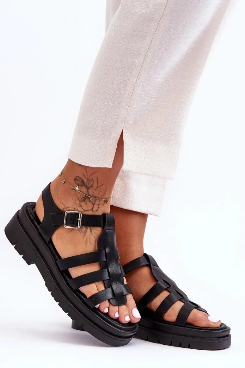 Sandały Płaskie>Boto Skórzane Płaskie Sandały Z Paseczkami Czarne Diosa