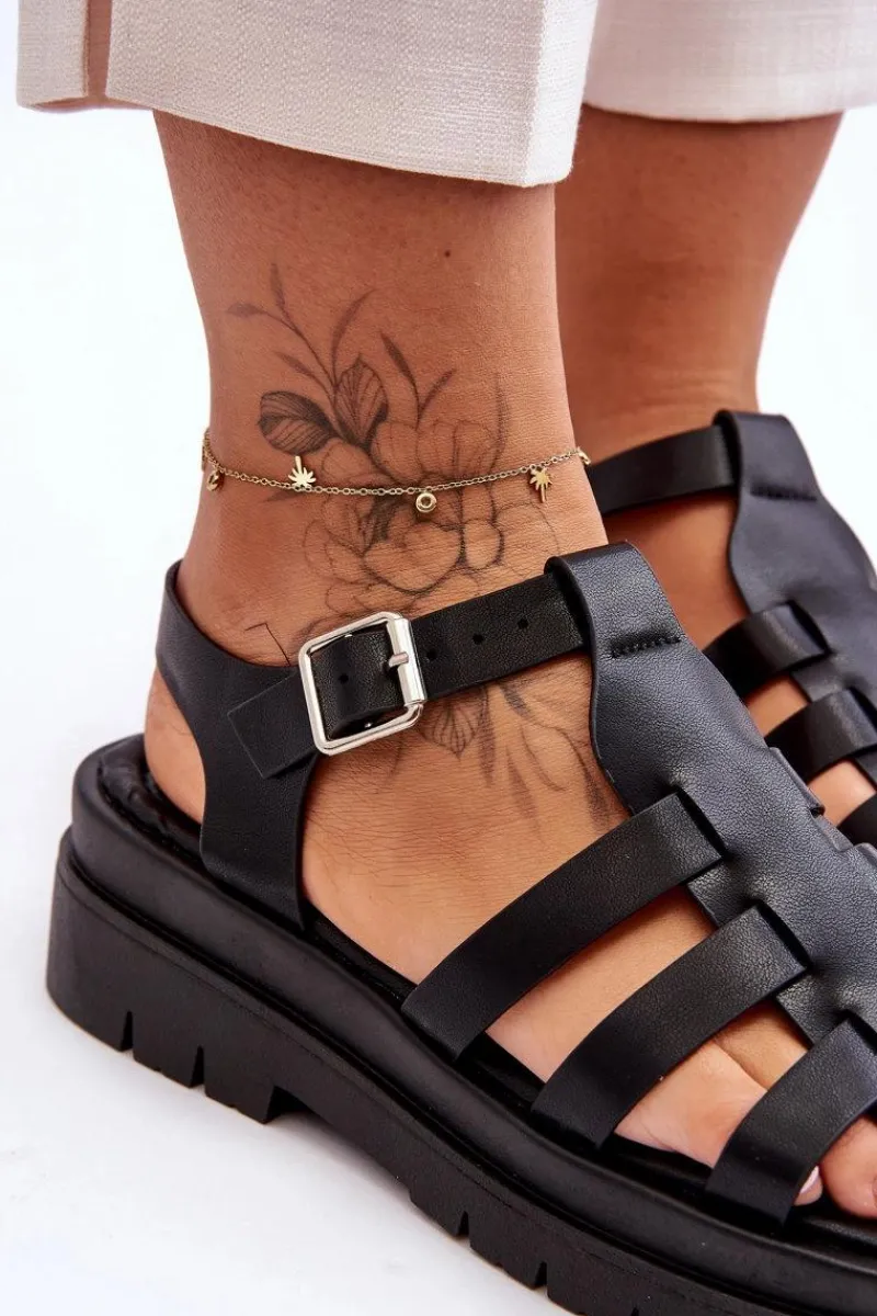 Sandały Płaskie>Boto Skórzane Płaskie Sandały Z Paseczkami Czarne Diosa