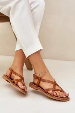 Sandały Płaskie>Zazoo Skórzane Płaskie Sandały Z Przeplatającymi Się Paseczkami 40429 Brązowe Brązowy