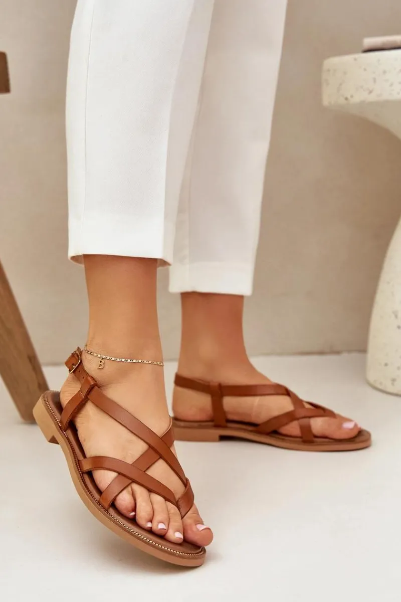 Sandały Płaskie>Zazoo Skórzane Płaskie Sandały Z Przeplatającymi Się Paseczkami 40429 Brązowe Brązowy