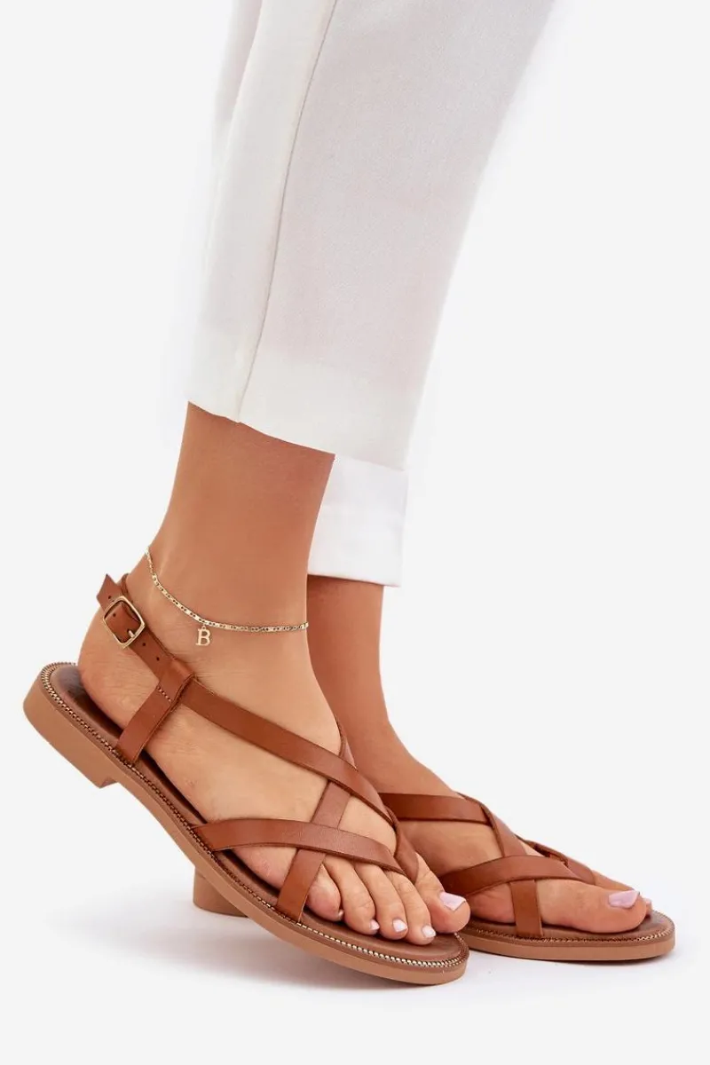 Sandały Płaskie>Zazoo Skórzane Płaskie Sandały Z Przeplatającymi Się Paseczkami 40429 Brązowe Brązowy