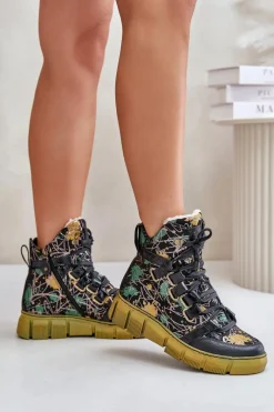 Clearance Maciejka Skórzane Płaskie Sznurowane Botki 06158-07 Żółto-Czarne Złoty