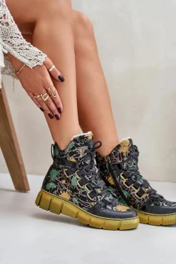 Clearance Maciejka Skórzane Płaskie Sznurowane Botki 06158-07 Żółto-Czarne Złoty