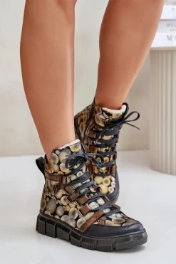 Botki Ocieplane|Botki Maciejka>Maciejka Skórzane Płaskie Sznurowane Botki 06158-25 Złote Złoty