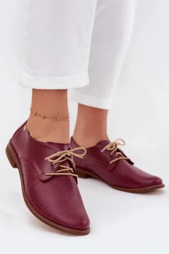 Best Zazoo Skórzane Półbuty Damskie Eleganckie Sznurowane 4238 Bordowe Czerwony