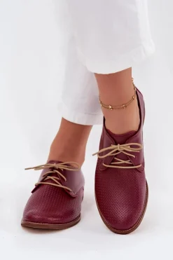 Best Zazoo Skórzane Półbuty Damskie Eleganckie Sznurowane 4238 Bordowe Czerwony