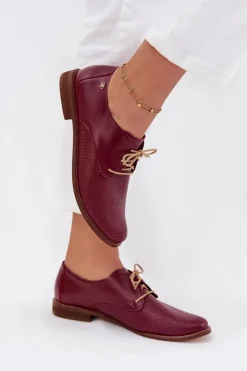 Best Zazoo Skórzane Półbuty Damskie Eleganckie Sznurowane 4238 Bordowe Czerwony