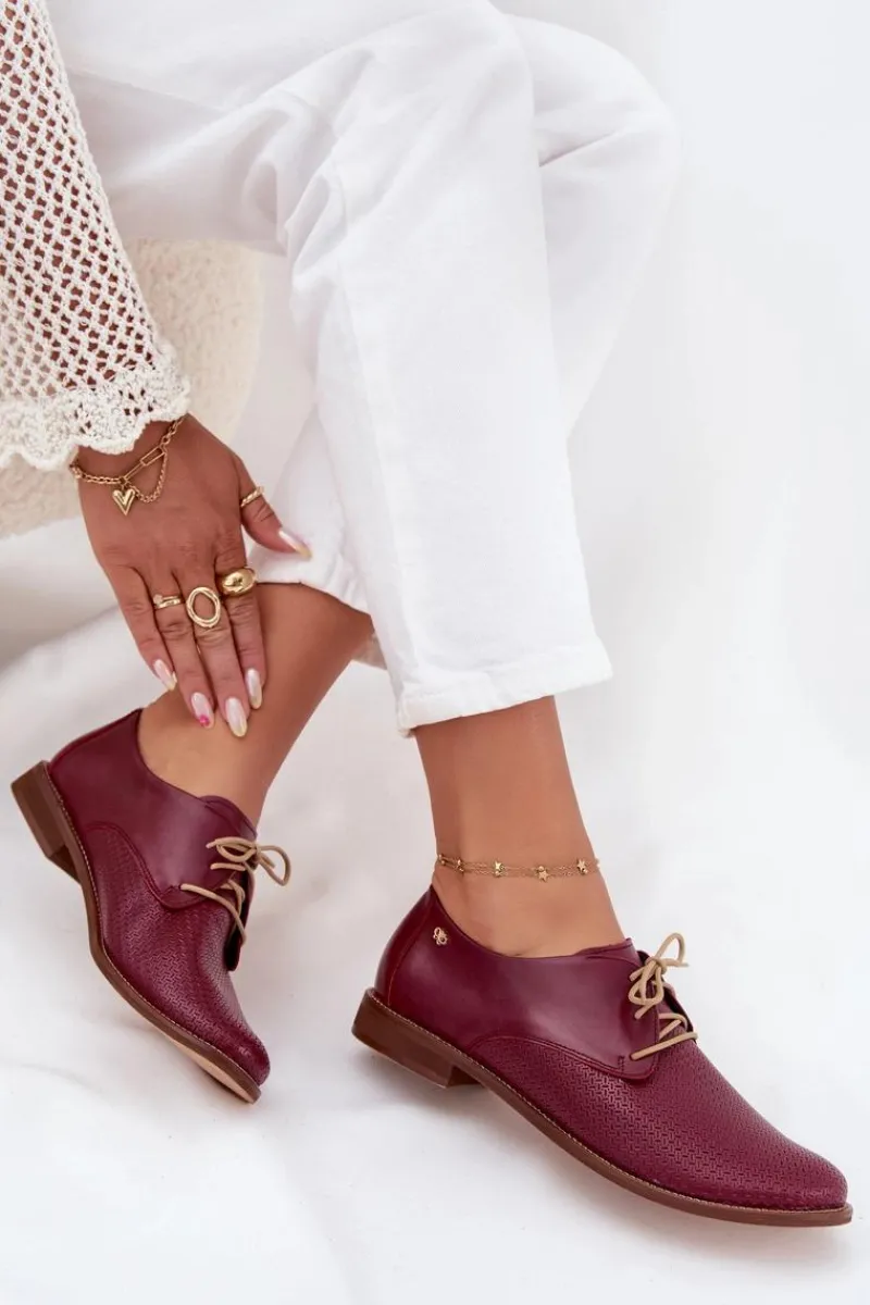 Best Zazoo Skórzane Półbuty Damskie Eleganckie Sznurowane 4238 Bordowe Czerwony