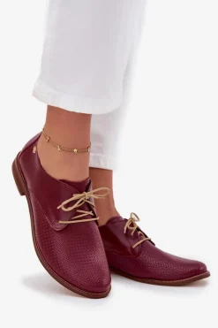 Best Zazoo Skórzane Półbuty Damskie Eleganckie Sznurowane 4238 Bordowe Czerwony