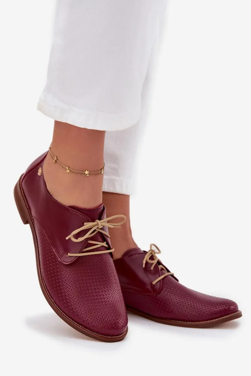 Best Zazoo Skórzane Półbuty Damskie Eleganckie Sznurowane 4238 Bordowe Czerwony