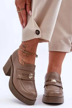 Best Skórzane Półbuty Damskie Na Słupku Ciemnobeżowe Lemar Dunadia Damskie Półbuty Skórzane