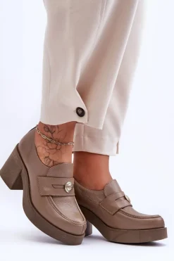 Best Skórzane Półbuty Damskie Na Słupku Ciemnobeżowe Lemar Dunadia Damskie Półbuty Skórzane