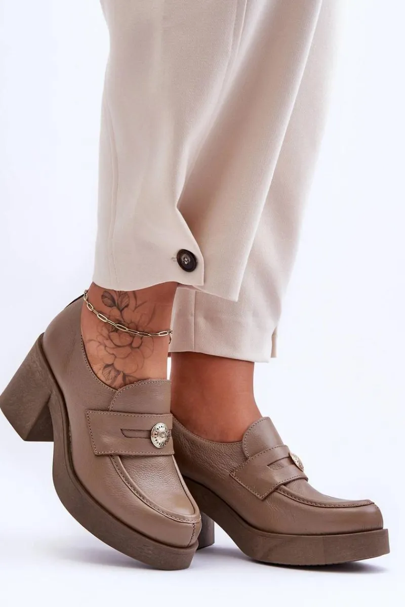 Best Skórzane Półbuty Damskie Na Słupku Ciemnobeżowe Lemar Dunadia Damskie Półbuty Skórzane