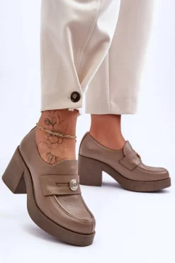 Best Skórzane Półbuty Damskie Na Słupku Ciemnobeżowe Lemar Dunadia Damskie Półbuty Skórzane