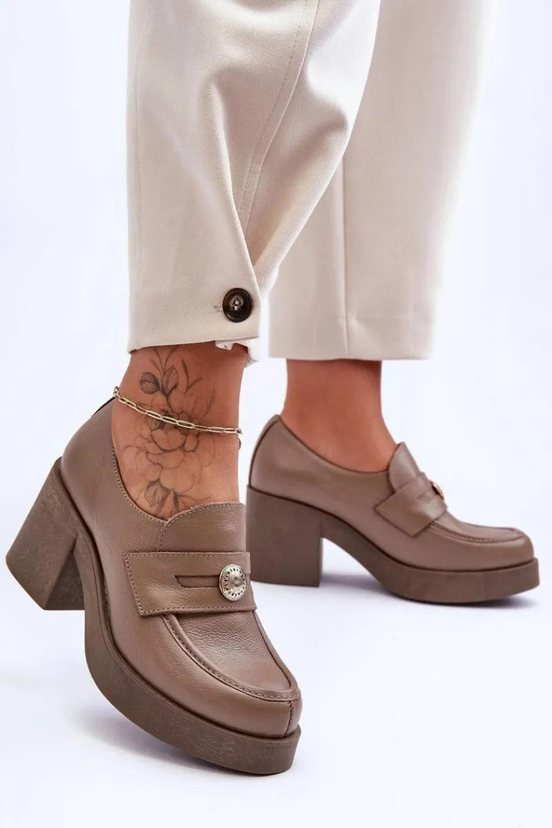 Best Skórzane Półbuty Damskie Na Słupku Ciemnobeżowe Lemar Dunadia Damskie Półbuty Skórzane