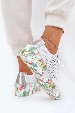 Discount Artiker Skórzane Półbuty Damskie Na Koturnie 56C1799 Biało-Srebrne