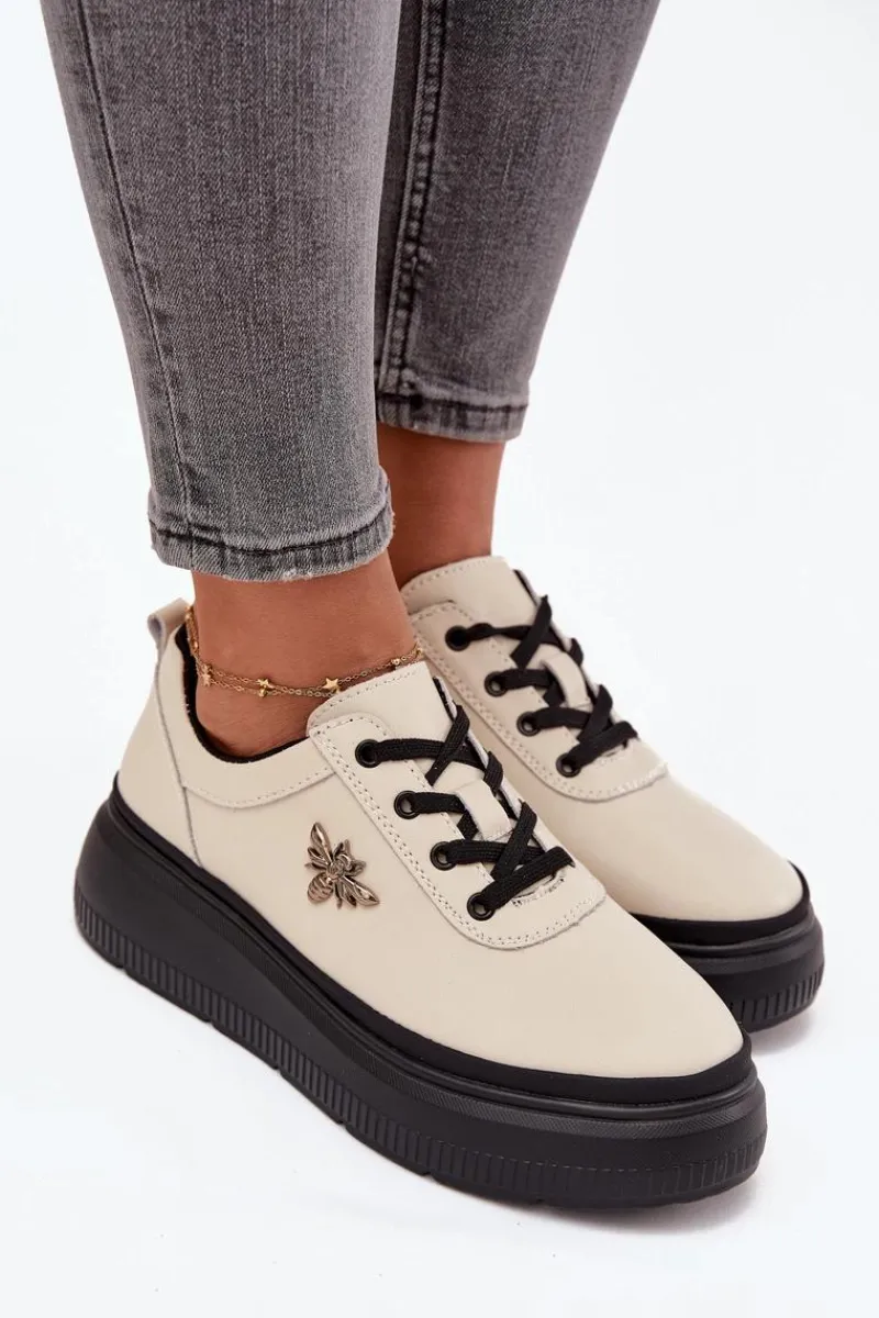 Półbuty Skórzane>Buty damskie Vinceza Skórzane Półbuty Damskie Na Platformie Z Przypinką Vinceza 41495 Beżowe