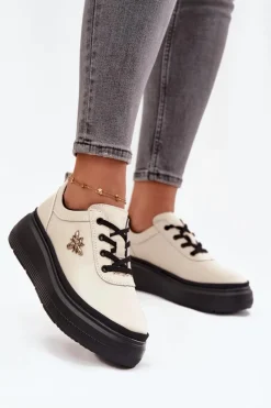 Półbuty Skórzane>Buty damskie Vinceza Skórzane Półbuty Damskie Na Platformie Z Przypinką Vinceza 41495 Beżowe