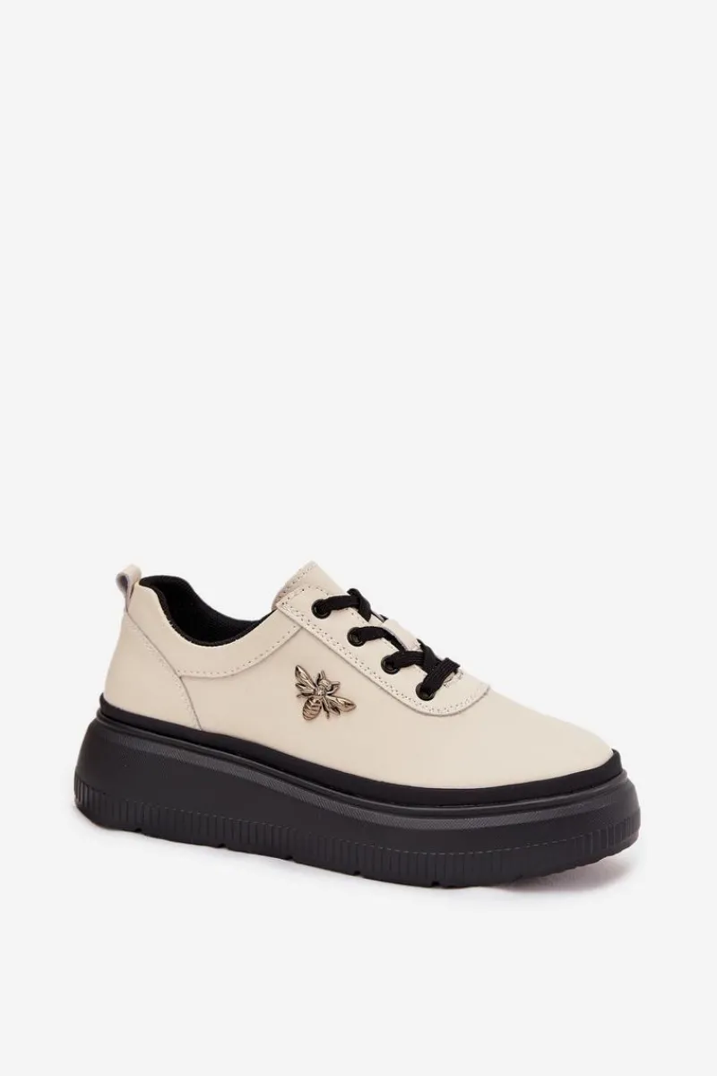 Półbuty Skórzane>Buty damskie Vinceza Skórzane Półbuty Damskie Na Platformie Z Przypinką Vinceza 41495 Beżowe