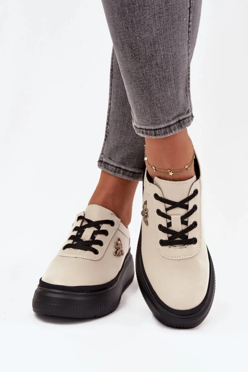 Półbuty Skórzane>Buty damskie Vinceza Skórzane Półbuty Damskie Na Platformie Z Przypinką Vinceza 41495 Beżowe