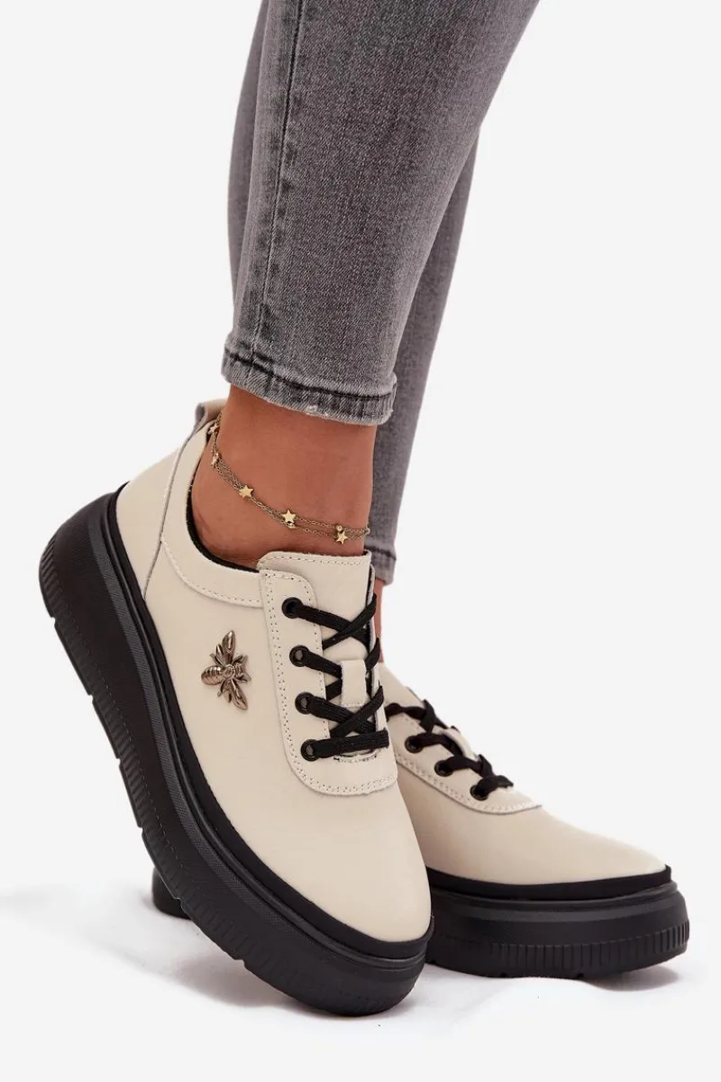 Półbuty Skórzane>Buty damskie Vinceza Skórzane Półbuty Damskie Na Platformie Z Przypinką Vinceza 41495 Beżowe