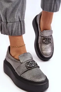 Półbuty Skórzane>Laura Messi Skórzane Półbuty Damskie Na Platformie Z Ozdobą 2697/810 Srebrne