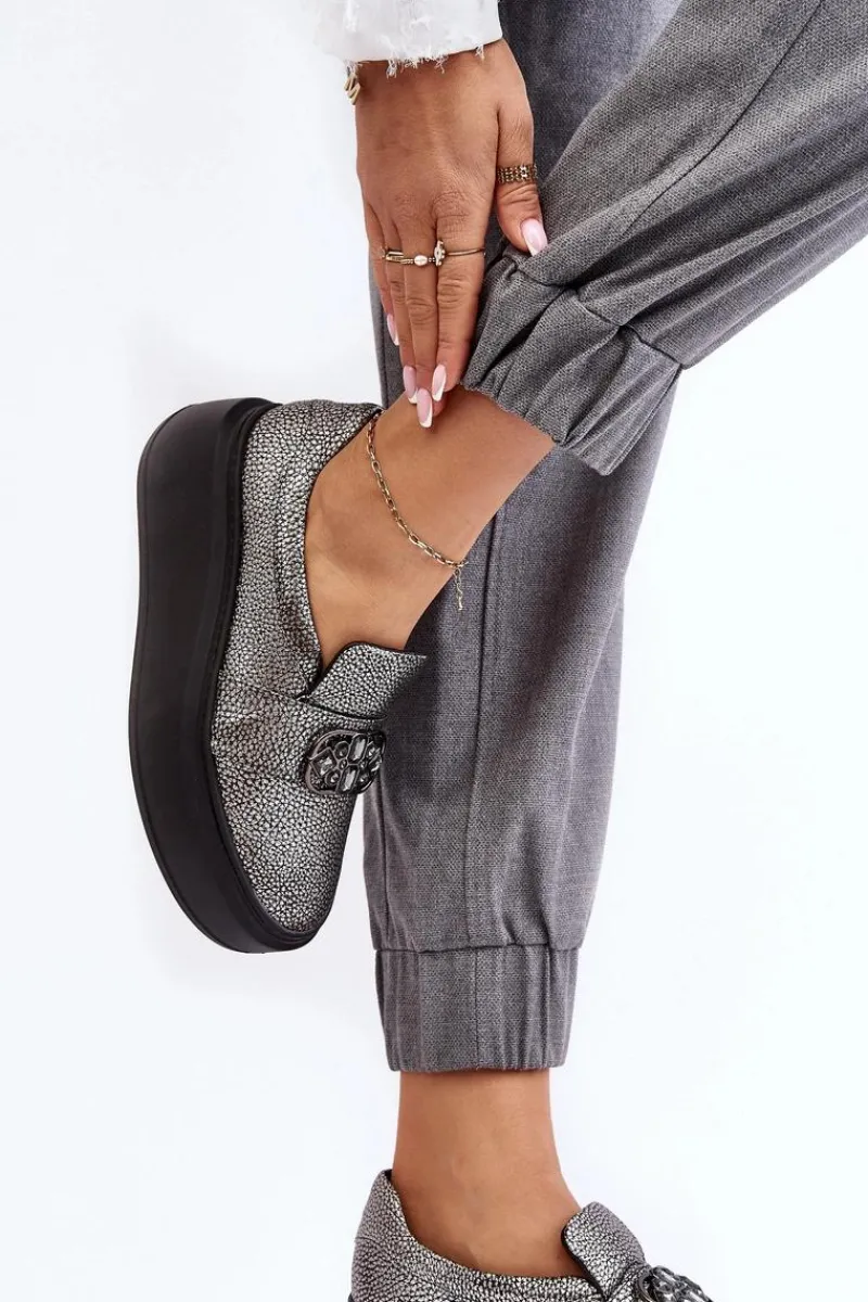 Półbuty Skórzane>Laura Messi Skórzane Półbuty Damskie Na Platformie Z Ozdobą 2697/810 Srebrne