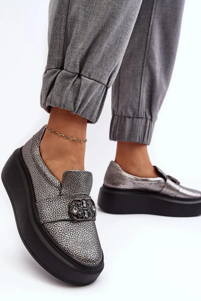 Półbuty Skórzane>Laura Messi Skórzane Półbuty Damskie Na Platformie Z Ozdobą 2697/810 Srebrne