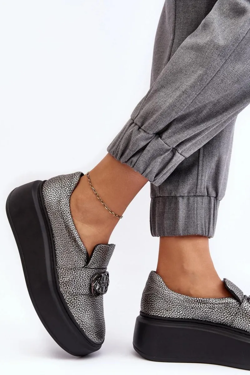 Półbuty Skórzane>Laura Messi Skórzane Półbuty Damskie Na Platformie Z Ozdobą 2697/810 Srebrne