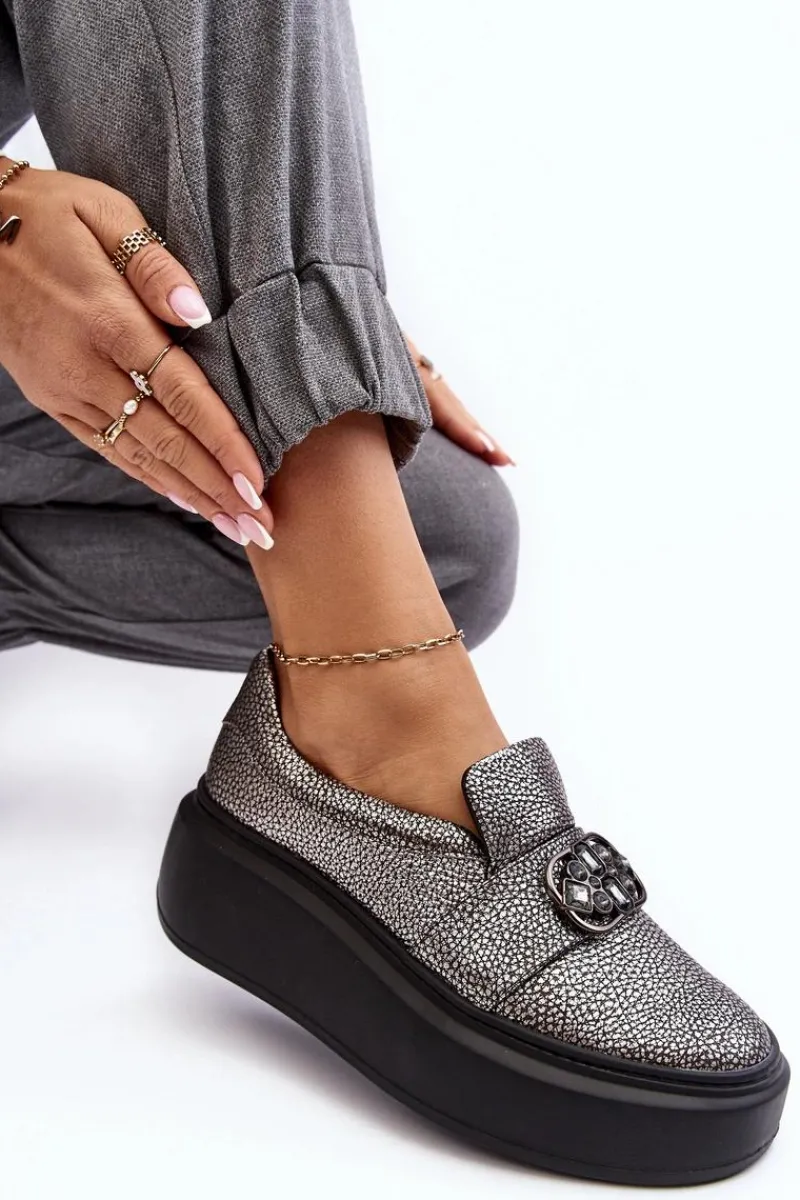 Półbuty Skórzane>Laura Messi Skórzane Półbuty Damskie Na Platformie Z Ozdobą 2697/810 Srebrne