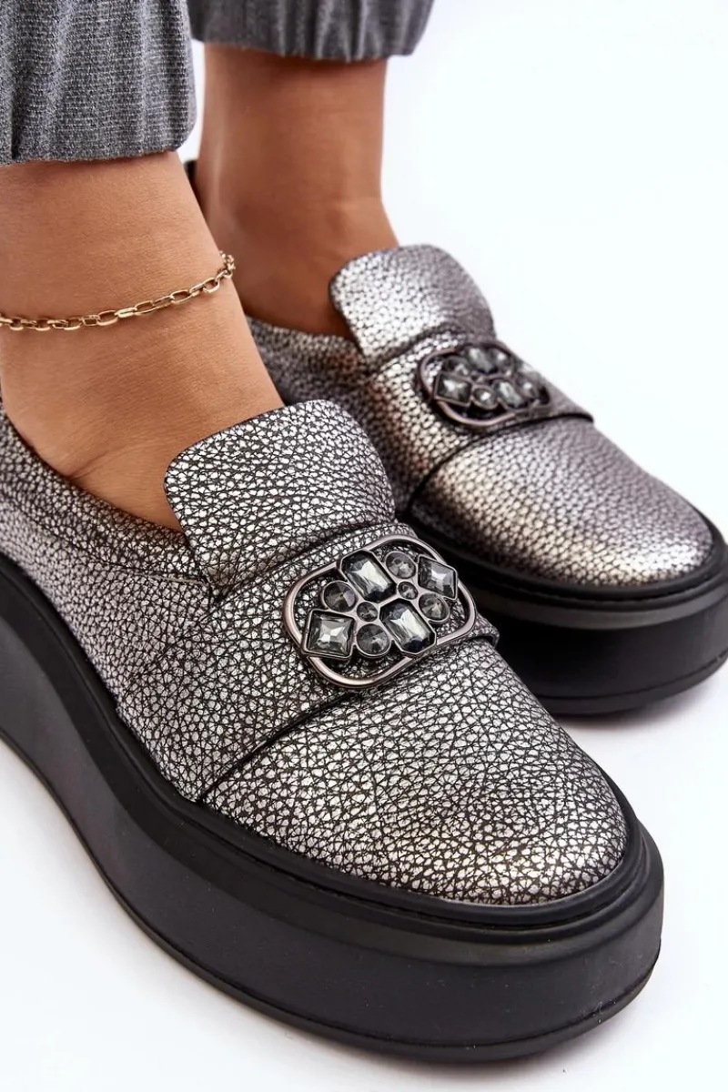 Półbuty Skórzane>Laura Messi Skórzane Półbuty Damskie Na Platformie Z Ozdobą 2697/810 Srebrne