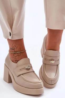 Półbuty Skórzane>Boto Skórzane Półbuty Damskie Na Słupku Beżowe Lemar Dunadia Beżowy