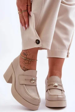 Półbuty Skórzane>Boto Skórzane Półbuty Damskie Na Słupku Beżowe Lemar Dunadia Beżowy